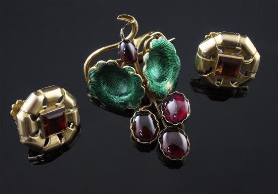 A French 18ct gold and green enamel leaf & berry brooch and pair earrings